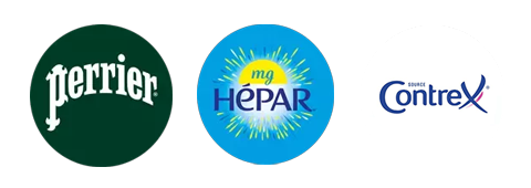 Perrier, Hépar, Contrex logos